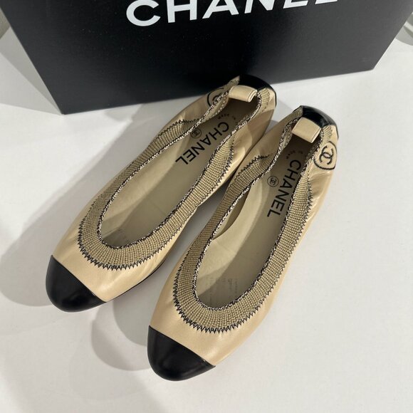 Chanel Lambskin Spirit Flats w/ Elastic & Black Cap Toe Size 7 - Picture 2 of 10